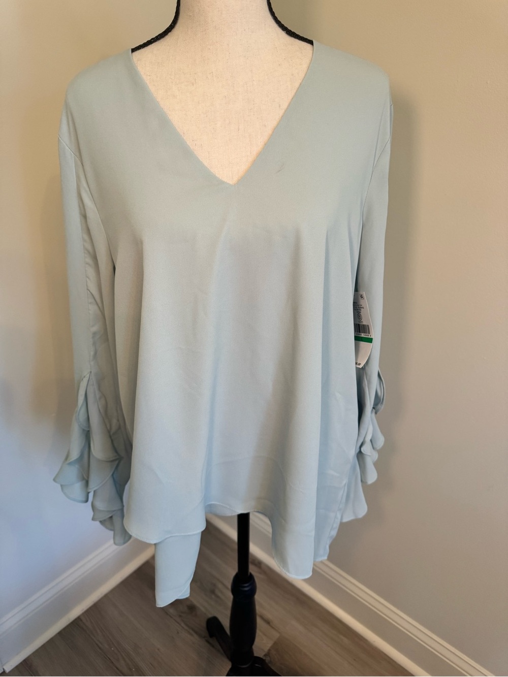 Karen Kane Pale Blue V-Neck Ruffle Sleeve Blouse